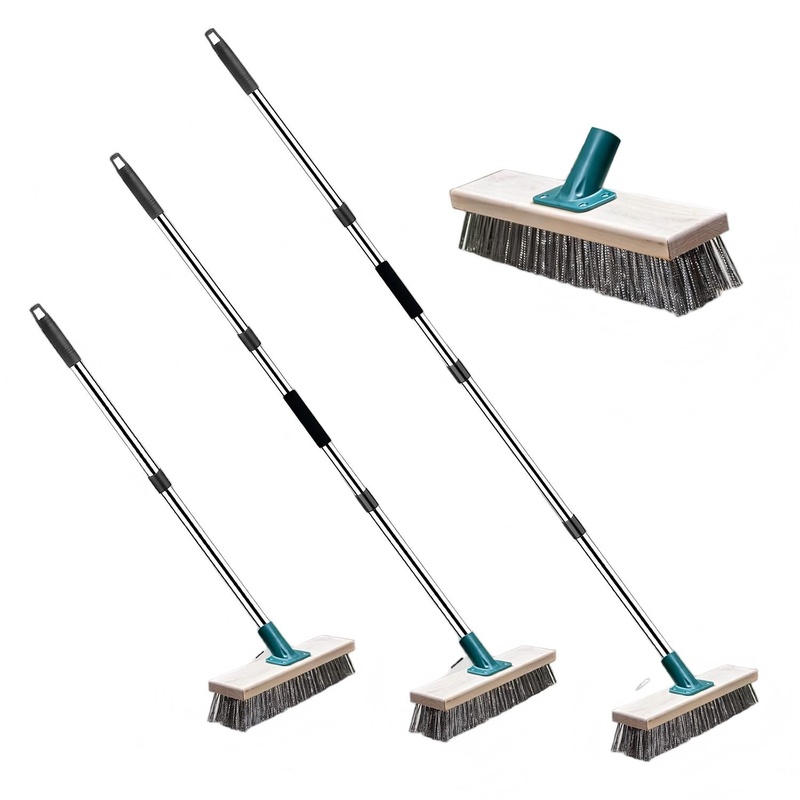 CLEAN WORLD Industrial Wire Brush Stainless Steel Wire Brush with Long Handle Deck Broom Brush Floor Scrubber Brush for Cleaning Outdoor Broom for Moss