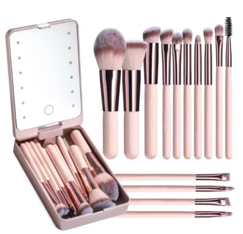 CLEAN WORLD Travel Makeup Brush Set with LED Light Mirror, Premium Synthetic Bristles Foundation Brush Eyeshadow Brushes, Portable Pink Cosmetic Brushes Kit for Beginners