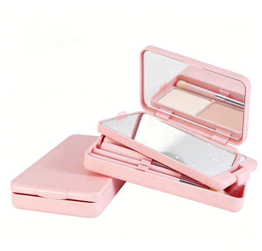CLEAN WORLD Travel Makeup Brush Set with LED Light Mirror, Premium Synthetic Bristles Foundation Brush Eyeshadow Brushes, Portable Pink Cosmetic Brushes Kit for Beginners