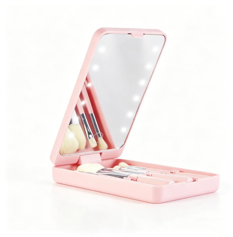 CLEAN WORLD Travel Makeup Brush Set with LED Light Mirror, Premium Synthetic Bristles Foundation Brush Eyeshadow Brushes, Portable Pink Cosmetic Brushes Kit for Beginners
