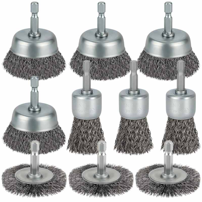 CLEAN WORLD Industrial Drill Brush 10 Pcs Wire Brush for Drill, Coarse Carbon Steel Crimping Wire Wheel Brush, 1/4 Inch Hex Shank, Cup Brush Drill Bit for Cleaning Rust, Stripping and Abrasive
