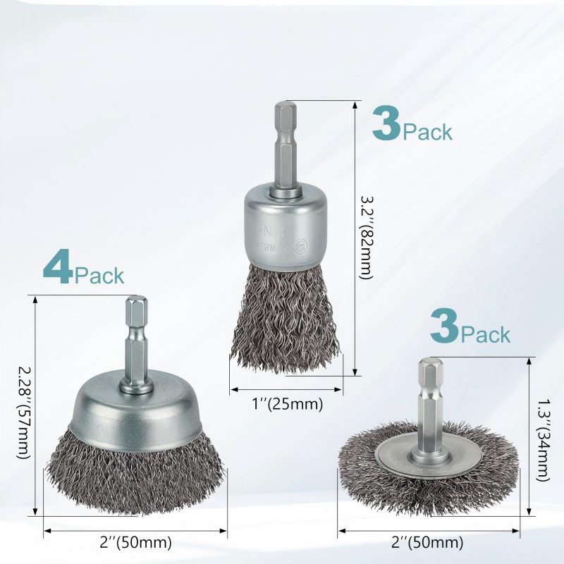 CLEAN WORLD Industrial Drill Brush 10 Pcs Wire Brush for Drill, Coarse Carbon Steel Crimping Wire Wheel Brush, 1/4 Inch Hex Shank, Cup Brush Drill Bit for Cleaning Rust, Stripping and Abrasive