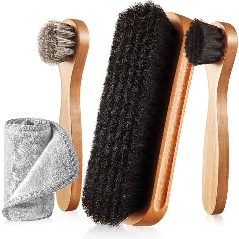 CLEAN WORLD 4-Piece Horsehair Shoe Brush Set, Premium Wooden Handle Leather Cleaning Brushes for Shoes, Boots, Leather Bags, Furniture & Upholstery Care