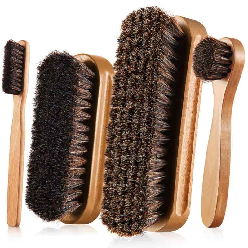 CLEAN WORLD 4-Piece Horsehair Shoe Brush Set, Premium Wooden Handle Leather Cleaning Brushes for Shoes, Boots, Leather Bags, Furniture & Upholstery Care