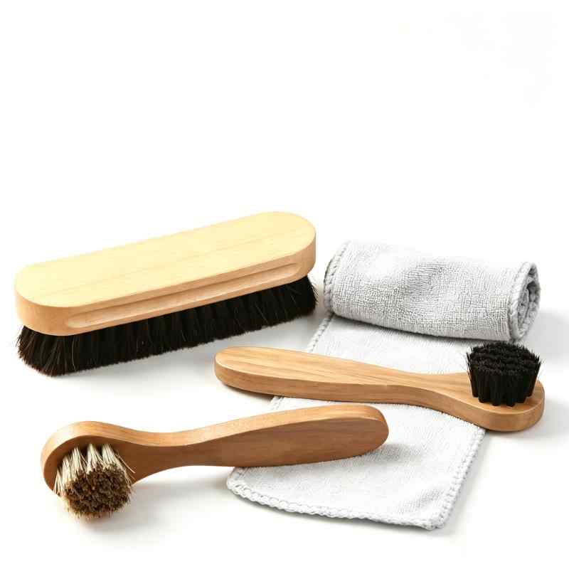 CLEAN WORLD 4-Piece Horsehair Shoe Brush Set, Premium Wooden Handle Leather Cleaning Brushes for Shoes, Boots, Leather Bags, Furniture & Upholstery Care