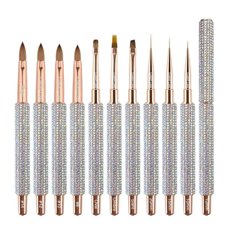 CLEAN WORLD Crystal Rhinestone Handle Nail Art Brush Set - Rose Gold Professional Acrylic Nail Brushes for UV Gel, Ombre, Liner, Extension & DIY Manicure Tools