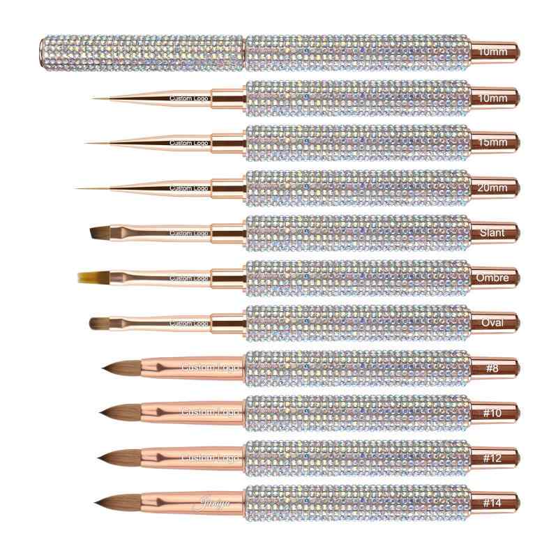 CLEAN WORLD Crystal Rhinestone Handle Nail Art Brush Set - Rose Gold Professional Acrylic Nail Brushes for UV Gel, Ombre, Liner, Extension & DIY Manicure Tools
