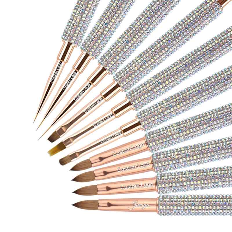 CLEAN WORLD Crystal Rhinestone Handle Nail Art Brush Set - Rose Gold Professional Acrylic Nail Brushes for UV Gel, Ombre, Liner, Extension & DIY Manicure Tools