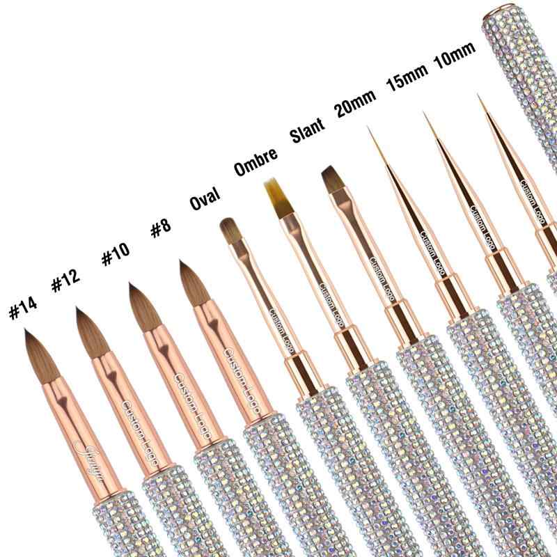 CLEAN WORLD Crystal Rhinestone Handle Nail Art Brush Set - Rose Gold Professional Acrylic Nail Brushes for UV Gel, Ombre, Liner, Extension & DIY Manicure Tools
