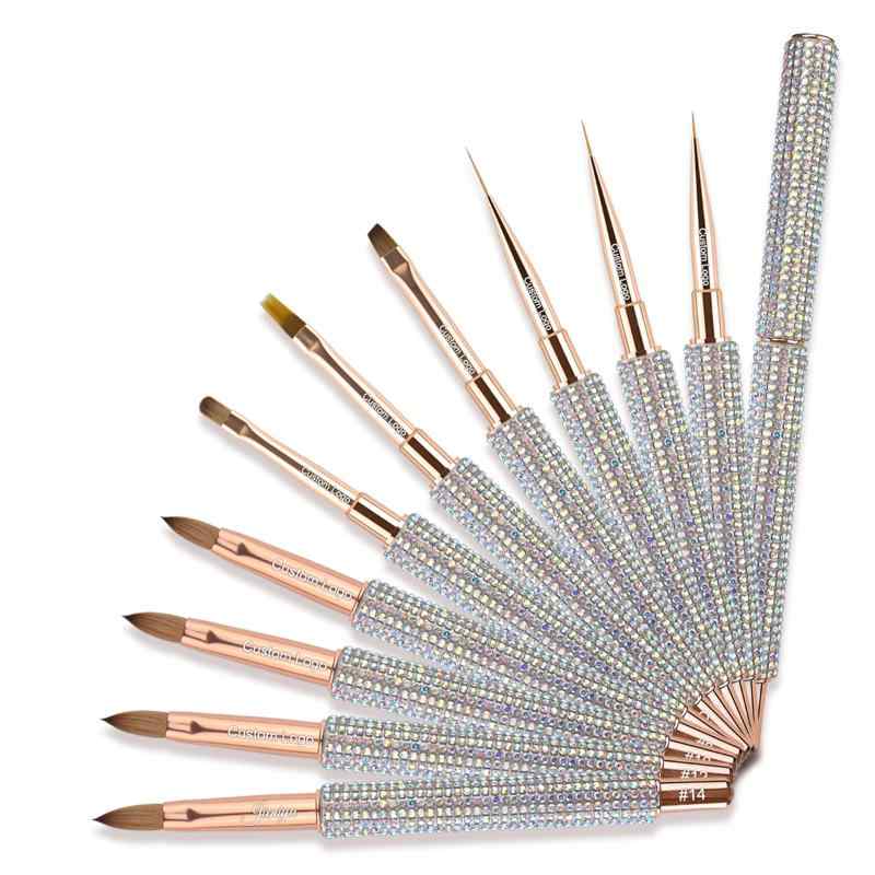 CLEAN WORLD Crystal Rhinestone Handle Nail Art Brush Set - Rose Gold Professional Acrylic Nail Brushes for UV Gel, Ombre, Liner, Extension & DIY Manicure Tools