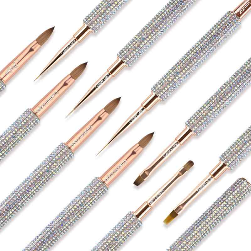 CLEAN WORLD Crystal Rhinestone Handle Nail Art Brush Set - Rose Gold Professional Acrylic Nail Brushes for UV Gel, Ombre, Liner, Extension & DIY Manicure Tools