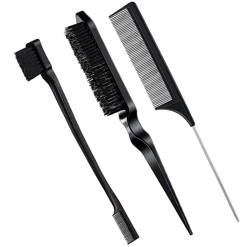 CLEAN WORLD 3-in-1 Edge Brush and Tail Comb Set, Nylon Bristle Hair Styling Tool for Edges, Backcombing and Parting