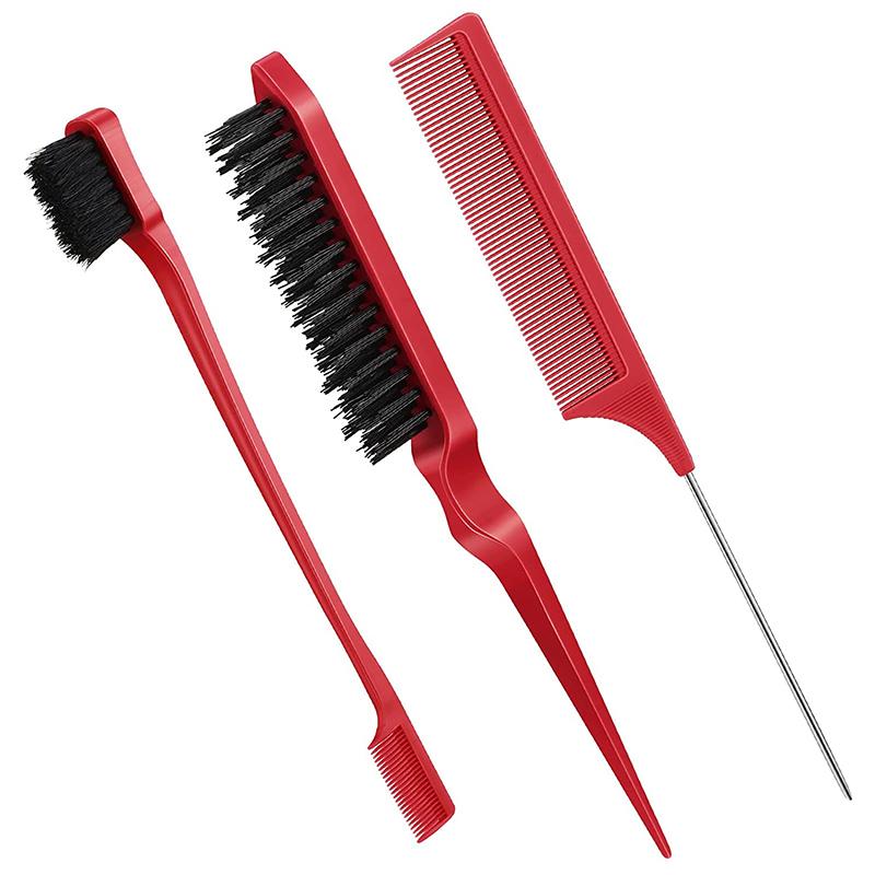 CLEAN WORLD 3-in-1 Edge Brush and Tail Comb Set, Nylon Bristle Hair Styling Tool for Edges, Backcombing and Parting