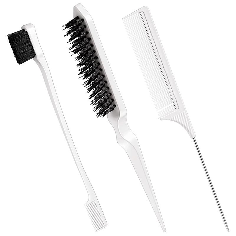 CLEAN WORLD 3-in-1 Edge Brush and Tail Comb Set, Nylon Bristle Hair Styling Tool for Edges, Backcombing and Parting