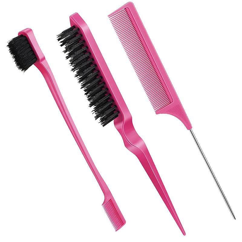 CLEAN WORLD 3-in-1 Edge Brush and Tail Comb Set, Nylon Bristle Hair Styling Tool for Edges, Backcombing and Parting