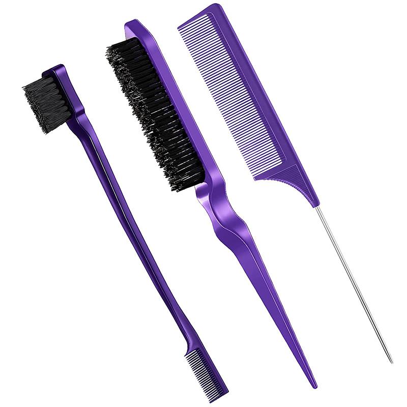 CLEAN WORLD 3-in-1 Edge Brush and Tail Comb Set, Nylon Bristle Hair Styling Tool for Edges, Backcombing and Parting
