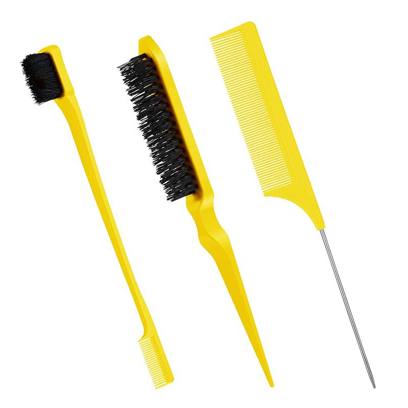 CLEAN WORLD 3-in-1 Edge Brush and Tail Comb Set, Nylon Bristle Hair Styling Tool for Edges, Backcombing and Parting