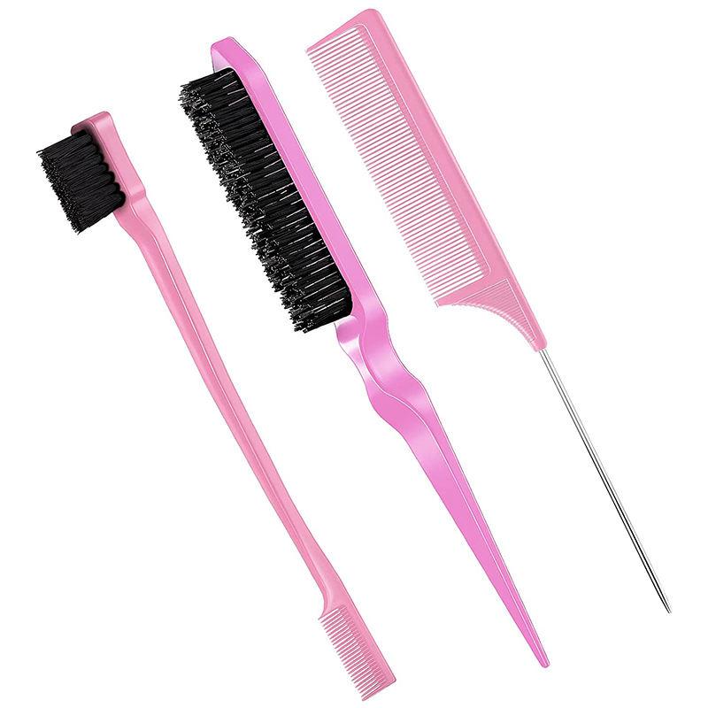 CLEAN WORLD 3-in-1 Edge Brush and Tail Comb Set, Nylon Bristle Hair Styling Tool for Edges, Backcombing and Parting