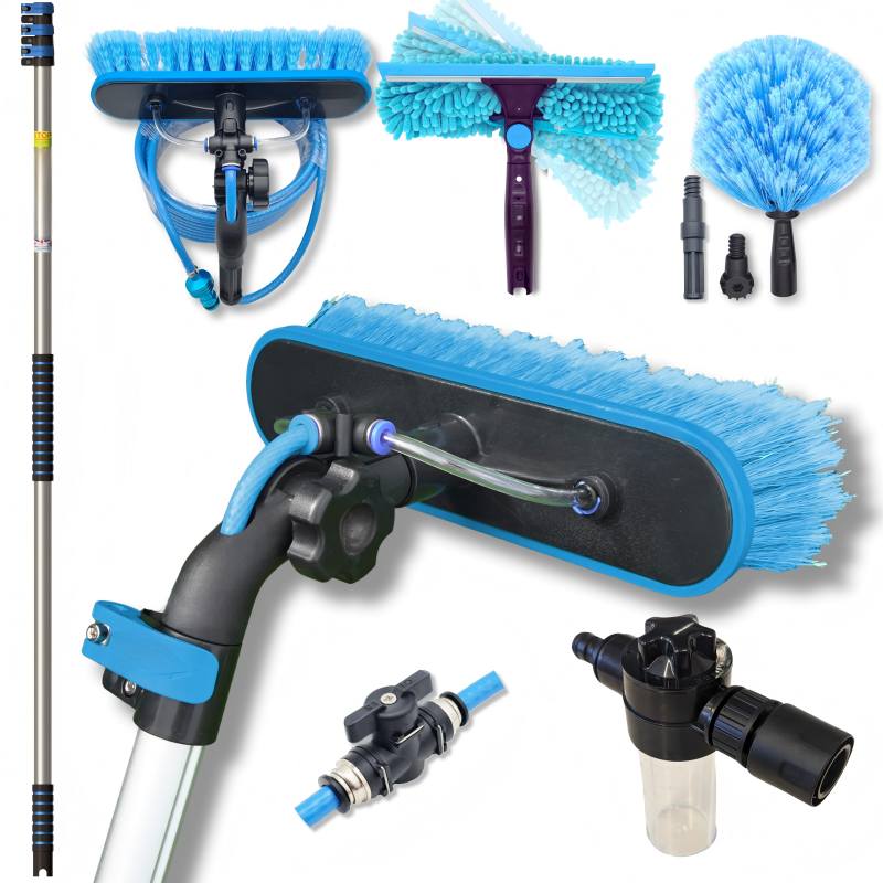 CLEAN WORLD Industrial Solar Panel Brush 28 FT Water-Fed Washing Kit with Soap-Dispenser, Brush, 10″ Squeegee & Cobweb Duster for Windows, Gutters, Solar Panels & Exterior Walls