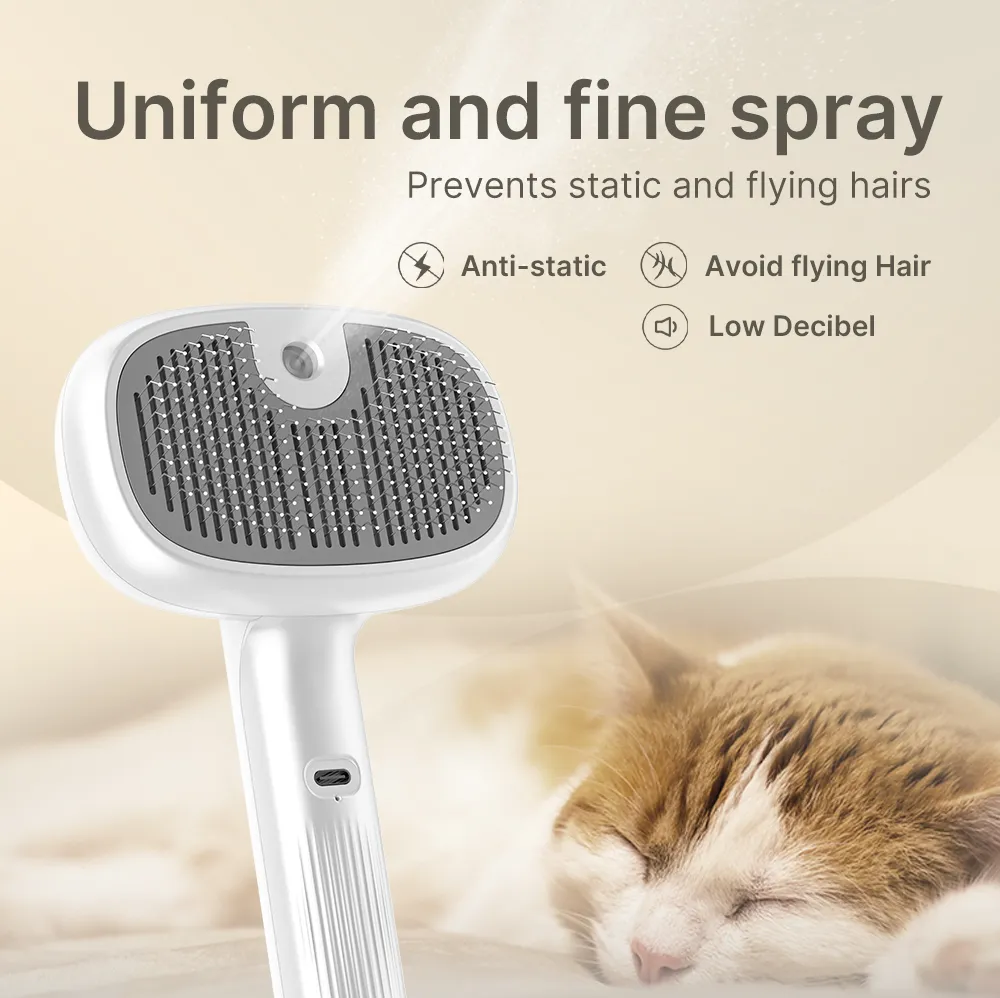 CLEAN WORLD Self‑Cleaning Steam Cool Water Spray Pet Hair Grooming Brush for Dogs & Cats, Anti‑Static Slicker Brush with 55ml Water Tank