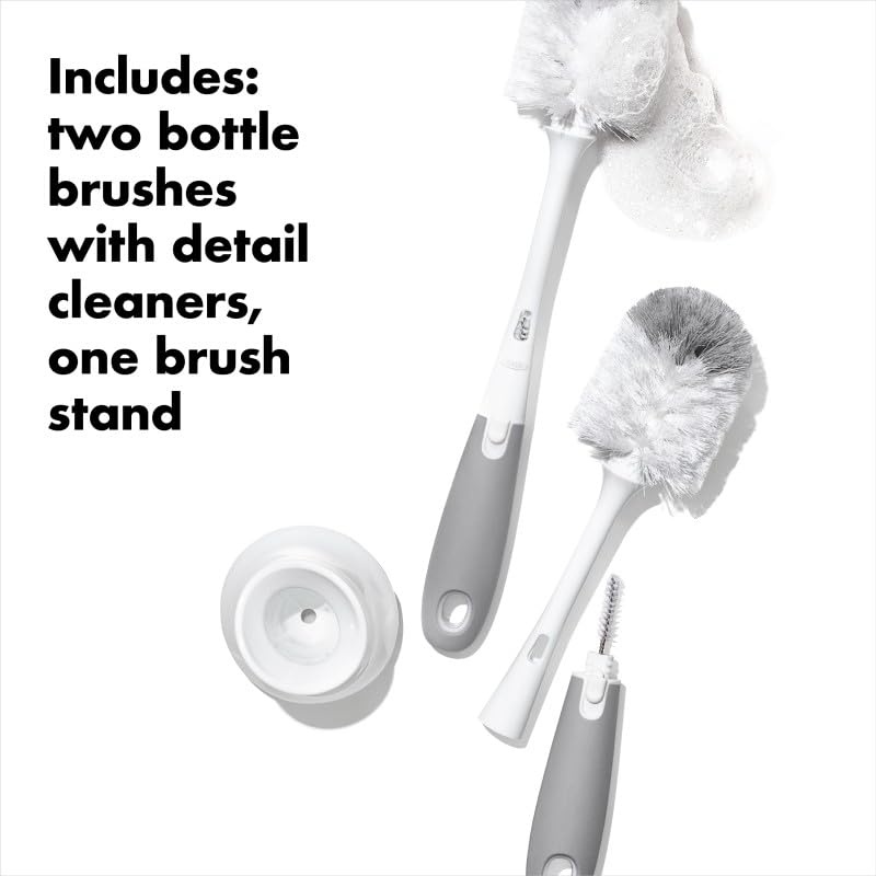CLEAN WORLD Kitchen Bottle Brush with Nipple Cleaner and Stand – Gray, 2-Pack