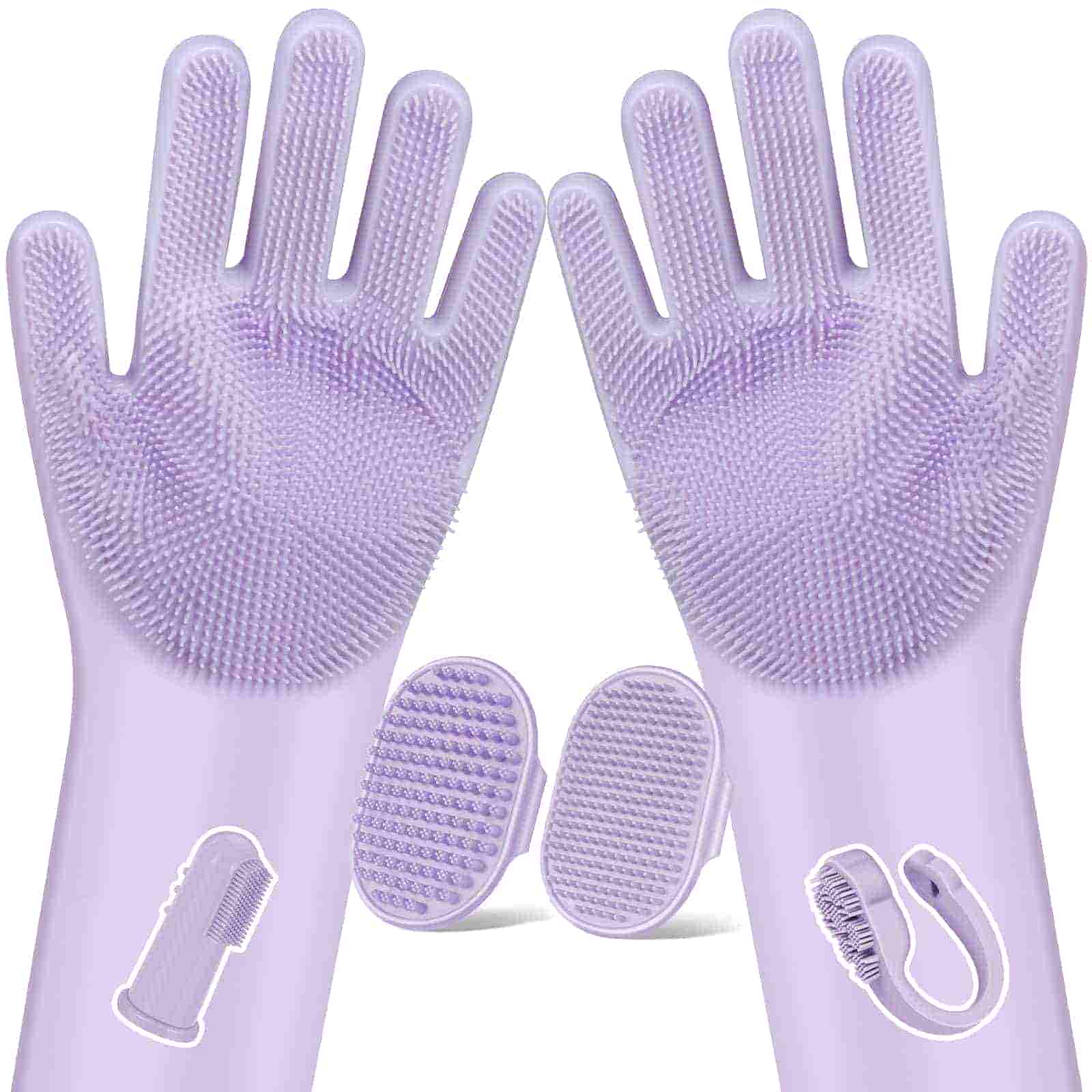 CLEAN WORLD 6PCS Multifunctional Pet Grooming Kit, Silicone Bath Gloves, Washing Brushes & Finger Toothbrushes for Dogs Cats Horses