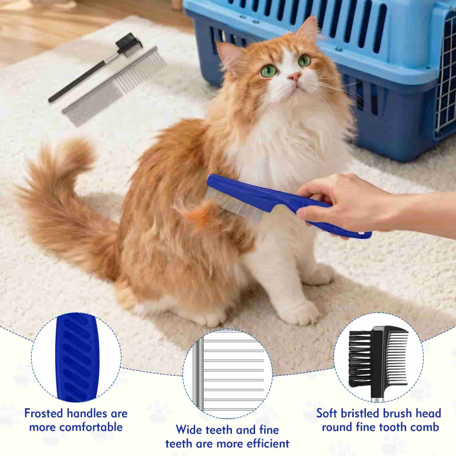 CLEAN WORLD 7 Pack Stainless Steel Pet Flea Combs, Double‑Sided Grooming Tools for Fleas, Tear Stains & Mats for Small Medium Large Pets
