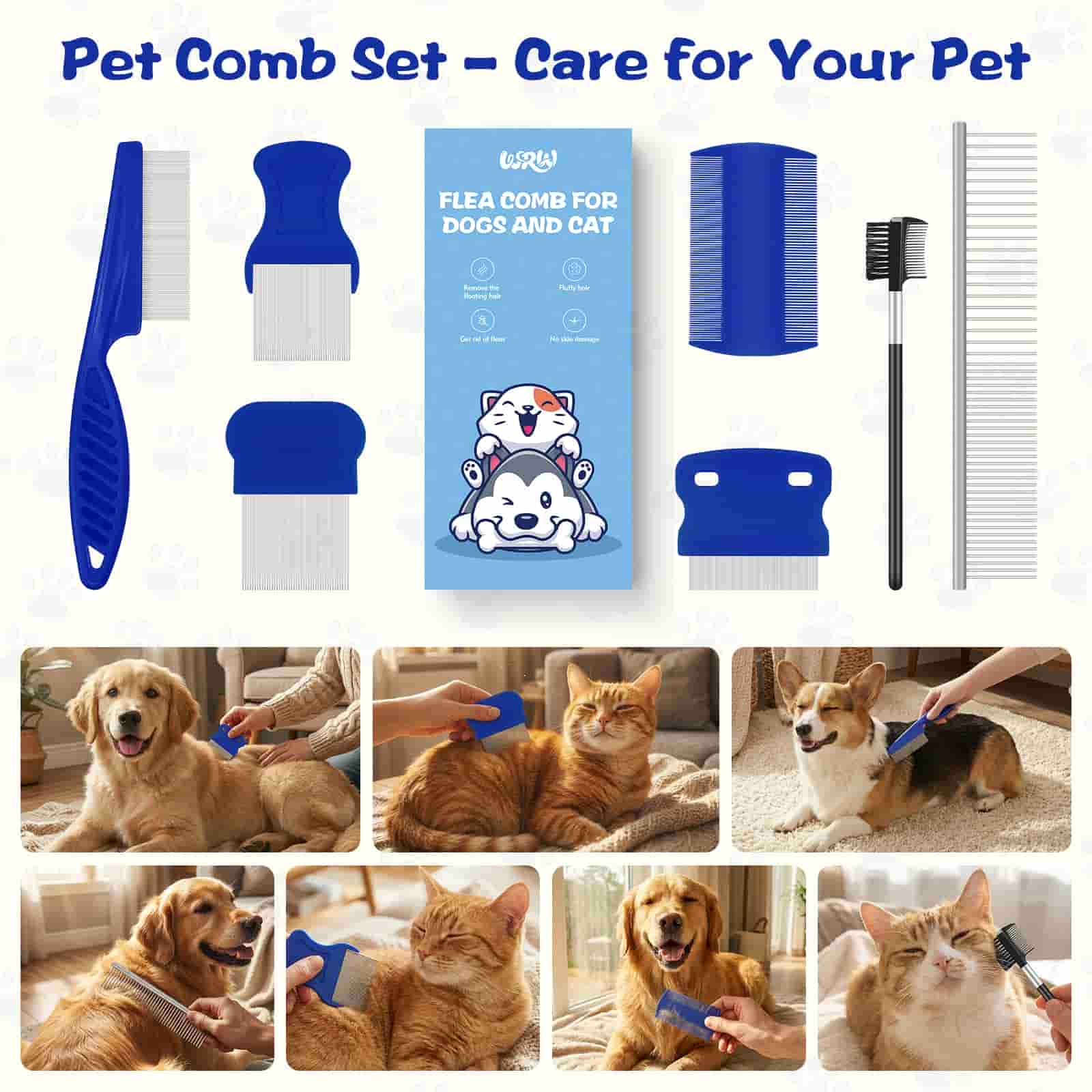 CLEAN WORLD 7 Pack Stainless Steel Pet Flea Combs, Double‑Sided Grooming Tools for Fleas, Tear Stains & Mats for Small Medium Large Pets