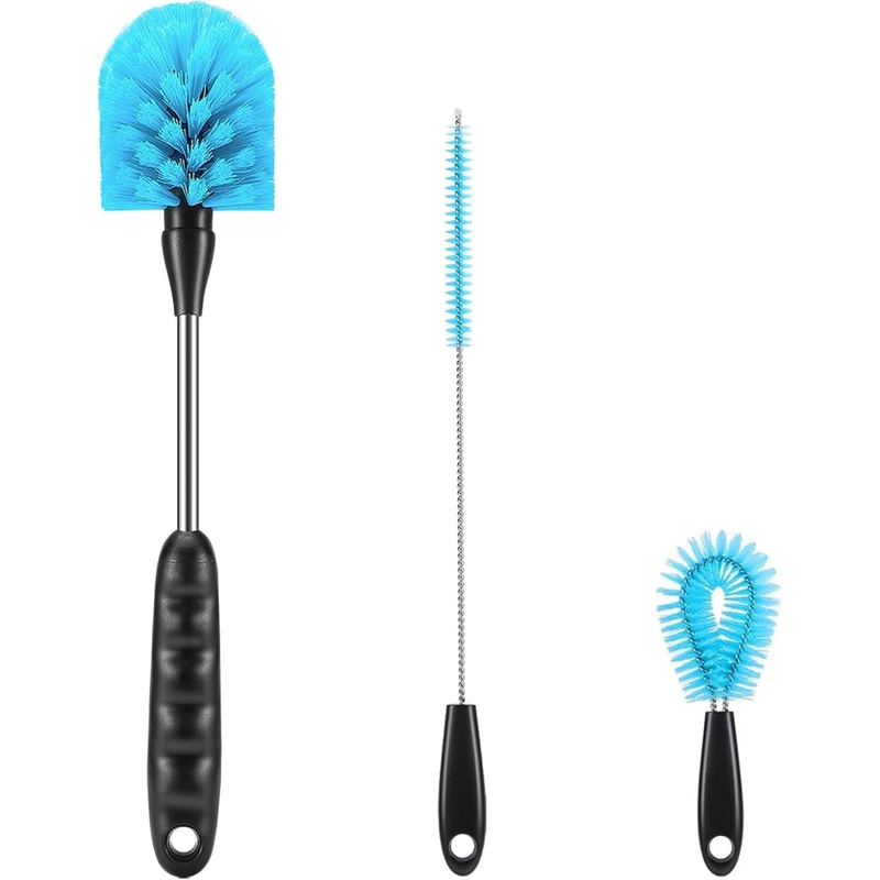 CLEAN WORLD Kitchen Bottle Brush 12.2 inch Bottle Brush Set of Three，Washable Coffee Cups, Water Bottles, Baby Bottles, Straws, to-go Cups, Long-Handled 3-in-1 Stainless Steel Bottle Brushes.