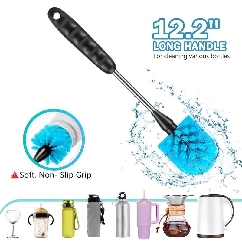 CLEAN WORLD Kitchen Bottle Brush 12.2 inch Bottle Brush Set of Three，Washable Coffee Cups, Water Bottles, Baby Bottles, Straws, to-go Cups, Long-Handled 3-in-1 Stainless Steel Bottle Brushes.
