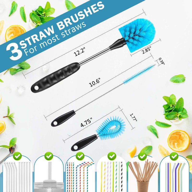 CLEAN WORLD Kitchen Bottle Brush 12.2 inch Bottle Brush Set of Three，Washable Coffee Cups, Water Bottles, Baby Bottles, Straws, to-go Cups, Long-Handled 3-in-1 Stainless Steel Bottle Brushes.