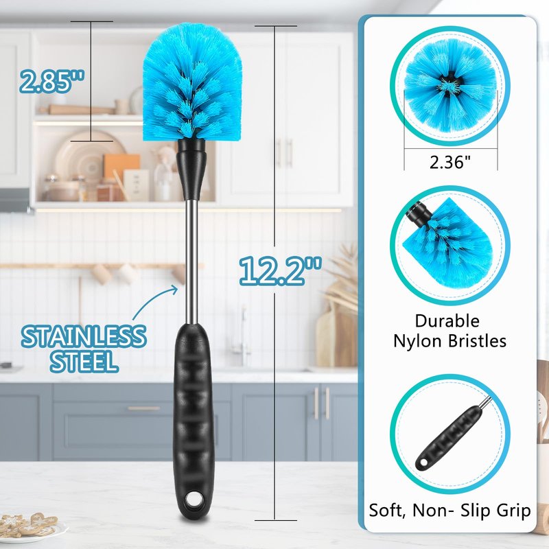 CLEAN WORLD Kitchen Bottle Brush 12.2 inch Bottle Brush Set of Three，Washable Coffee Cups, Water Bottles, Baby Bottles, Straws, to-go Cups, Long-Handled 3-in-1 Stainless Steel Bottle Brushes.