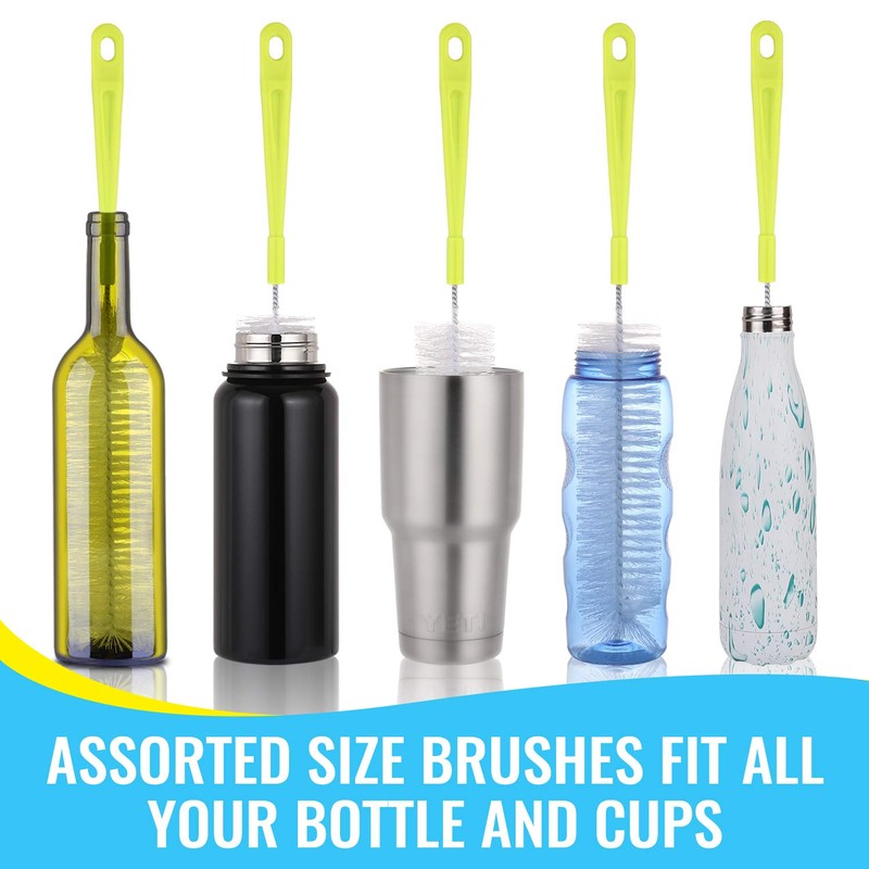 CLEAN WORLD Kitchen  Bottle Cleaning Brush Set - Long Handle Bottle Cleaner for Washing Narrow Neck Beer Bottles, Sports Water Bottles with Straw Brush, Kettle Spout/Lid Cleaner Brushes
