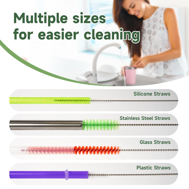 CLEAN WORLD Kitchen Straw Brush 9PCS Reusable Long Colored Straw Cleaner Brush Set 12" Bendable,Capable of Cleaning Various Metal, Silicone, Plastic, Bamboo,Glass Straws Tubes Diameters Ranging from 4-16mm