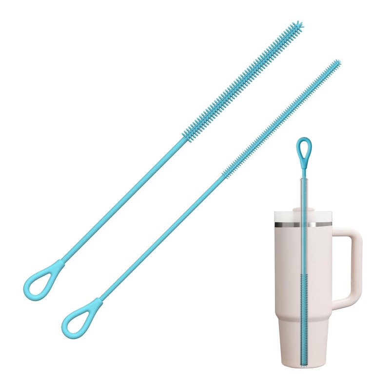 CLEAN WORLD Kitchen Straw Brush Silicone Straw Cleaner Brush, 2Pcs Reusable Straw Brush Extra Long for Cleaning Tumbler with Handle and Glass Metal Smoothie Straws, Non-slip Handle Soft and Bendable, 6mm+9mm, Blue
