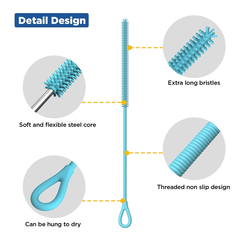 CLEAN WORLD Kitchen Straw Brush Silicone Straw Cleaner Brush, 2Pcs Reusable Straw Brush Extra Long for Cleaning Tumbler with Handle and Glass Metal Smoothie Straws, Non-slip Handle Soft and Bendable, 6mm+9mm, Blue