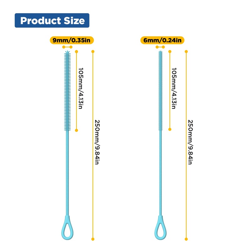 CLEAN WORLD Kitchen Straw Brush Silicone Straw Cleaner Brush, 2Pcs Reusable Straw Brush Extra Long for Cleaning Tumbler with Handle and Glass Metal Smoothie Straws, Non-slip Handle Soft and Bendable, 6mm+9mm, Blue