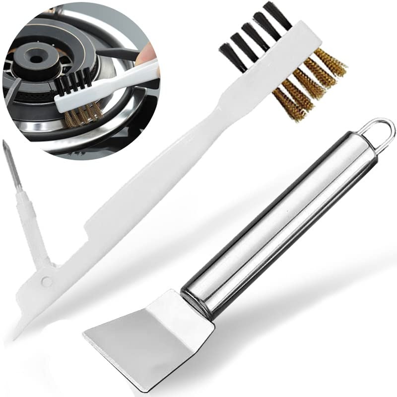 CLEAN WORLD Kitchen Gas Stove Brush Kitchen Cleaning Scrub Brush - Deep Gas Stove Brass Wire Brushes with Stiff Bristles & Cooktop Scraper, Scrubber for Range Hood Grease Grime, Rust Cleaner for Pot Pan, Household Cleaning Tools