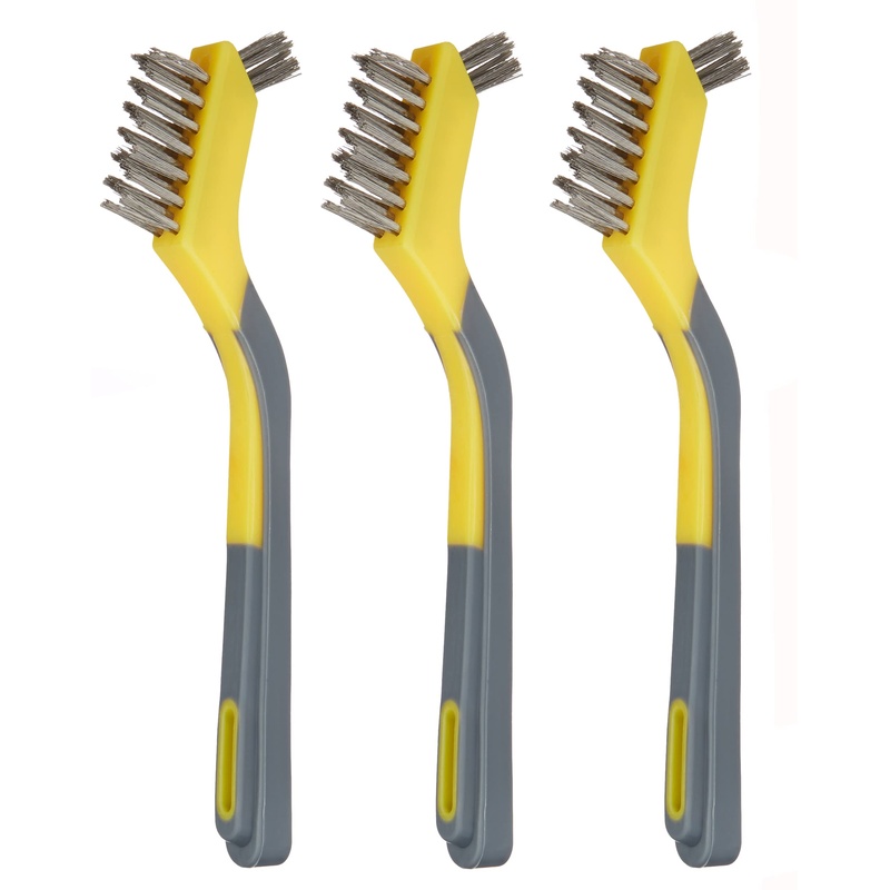 CLEAN WORLD Industrial Wire Brush Stainless Steel Mini Wire Brushes for Paint Removal, Rust Removal, Crevice Cleaning, Soft Grip Ergonomic Handle, 3-Pack, Grey/Yellow