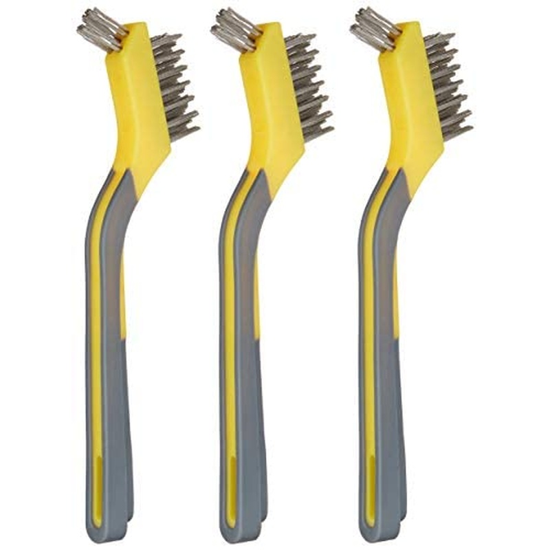 CLEAN WORLD Industrial Wire Brush Stainless Steel Mini Wire Brushes for Paint Removal, Rust Removal, Crevice Cleaning, Soft Grip Ergonomic Handle, 3-Pack, Grey/Yellow