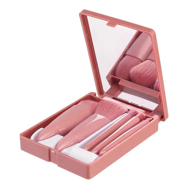 CLEAN WORLD Portable 5-Piece Mini Makeup Brush Set with Mirror, Soft Synthetic Bristles for Foundation, Eyeshadow & Blush, Travel-Friendly Cosmetic Brush Kit