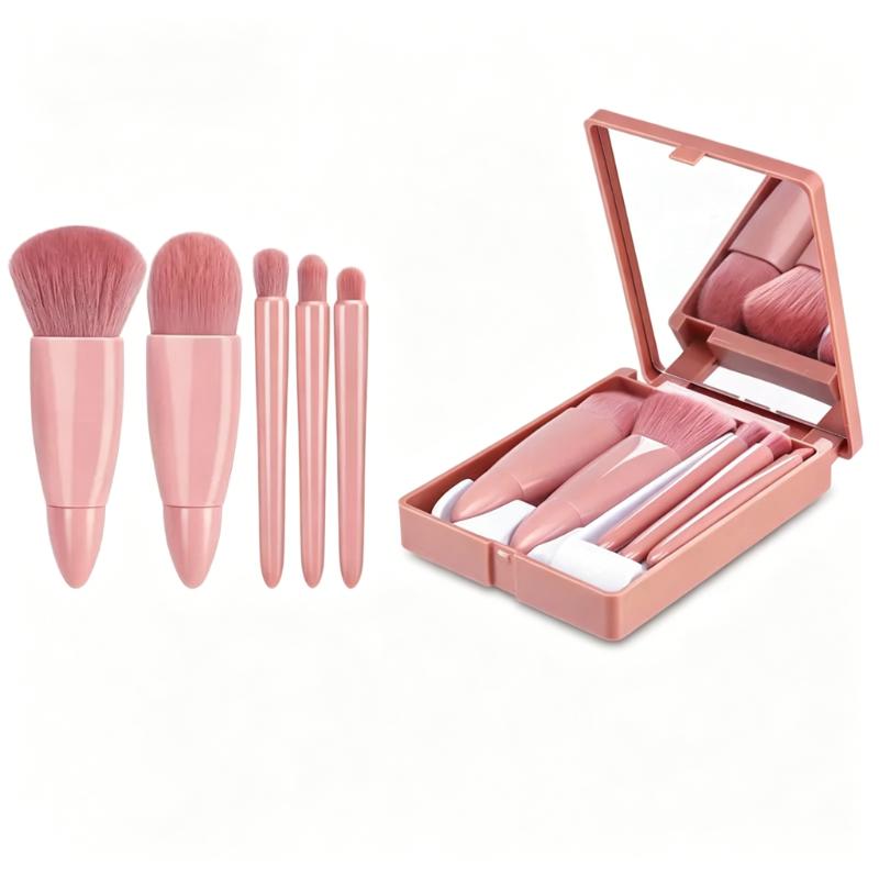 CLEAN WORLD Portable 5-Piece Mini Makeup Brush Set with Mirror, Soft Synthetic Bristles for Foundation, Eyeshadow & Blush, Travel-Friendly Cosmetic Brush Kit