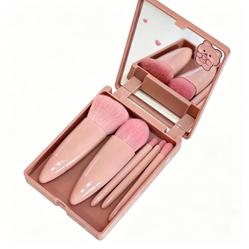 CLEAN WORLD Portable 5-Piece Mini Makeup Brush Set with Mirror, Soft Synthetic Bristles for Foundation, Eyeshadow & Blush, Travel-Friendly Cosmetic Brush Kit