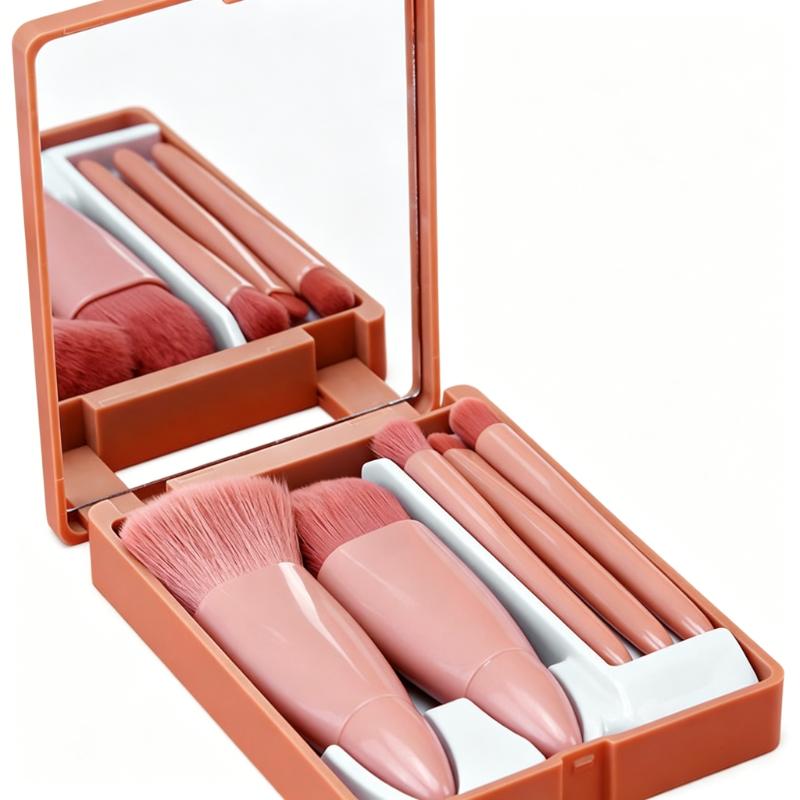 CLEAN WORLD Portable 5-Piece Mini Makeup Brush Set with Mirror, Soft Synthetic Bristles for Foundation, Eyeshadow & Blush, Travel-Friendly Cosmetic Brush Kit
