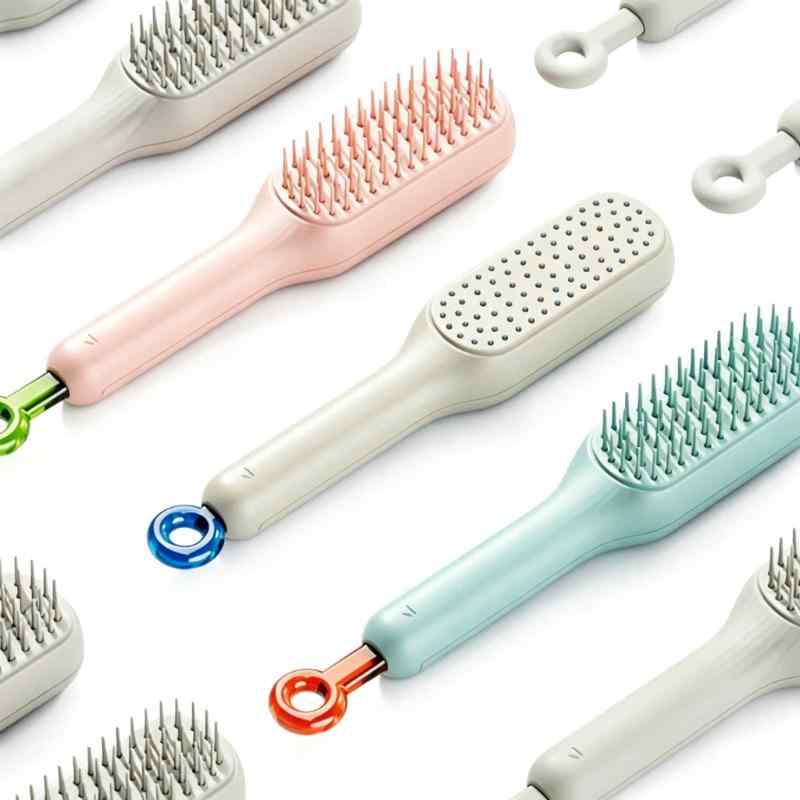 CLEAN WORLD Self-Cleaning Hair Brush, Retractable Air Cushion Detangler Brush with One-Touch Cleaning, Anti-Tangle Scalp Massage Comb for All Hair Types