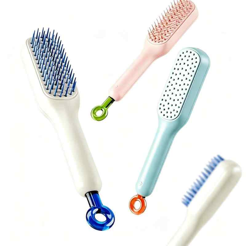 CLEAN WORLD Self-Cleaning Hair Brush, Retractable Air Cushion Detangler Brush with One-Touch Cleaning, Anti-Tangle Scalp Massage Comb for All Hair Types