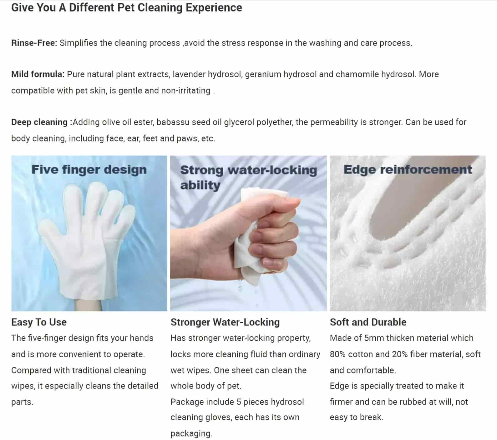 CLEAN WORLD Custom Waterless Pet Grooming Gloves Wipes, Deodorizing Disinfecting Manual Cleaning Gloves for Dogs Cats Birds Small Animals OEM/ODM