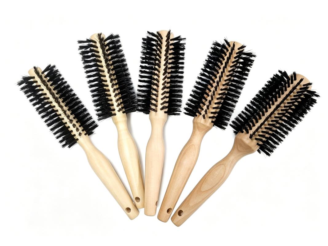 CLEAN WORLD Natural Schima Wood Round Hair Brush with Boar Bristles for Styling & Detangling