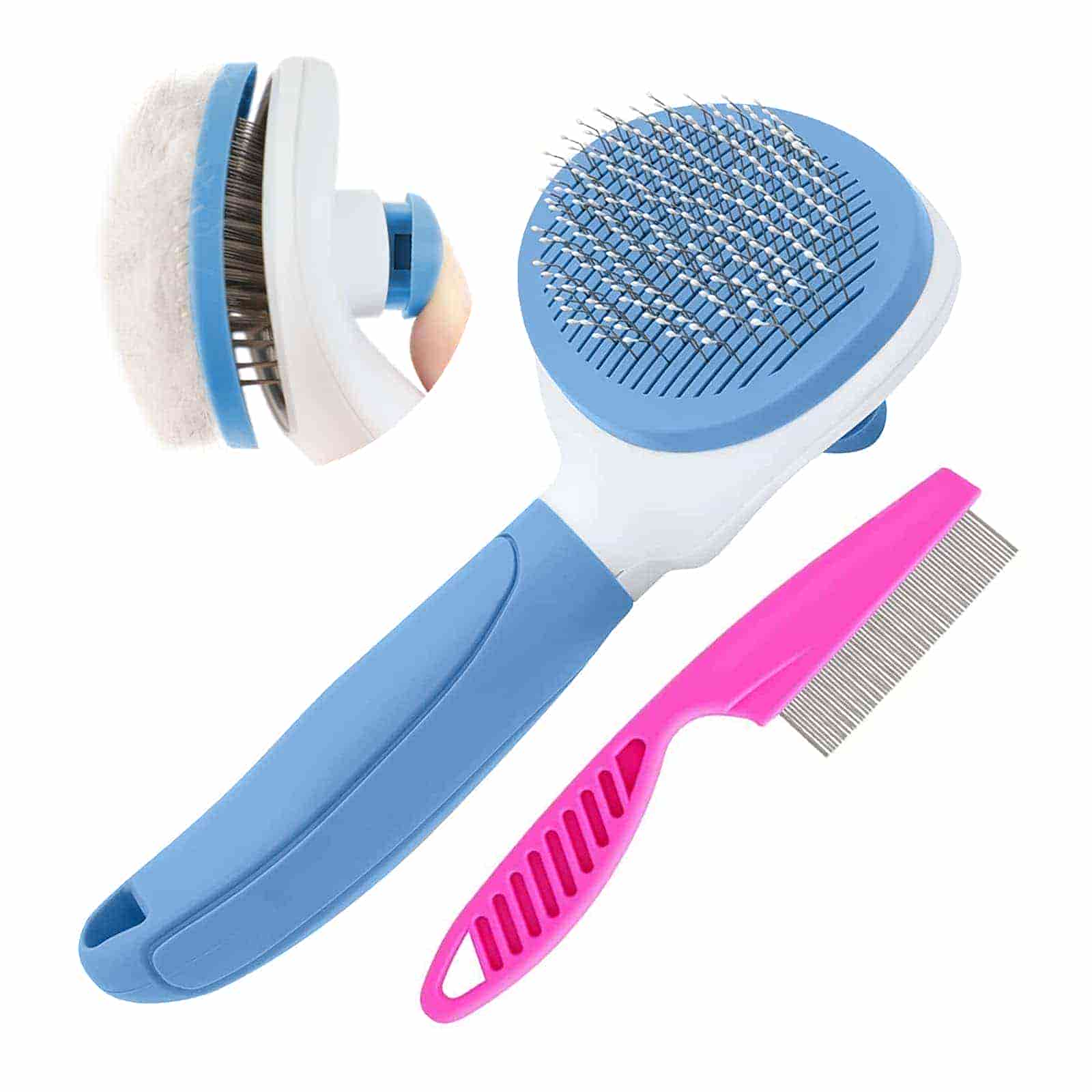 CLEAN WORLD 2-Pack Cat Dog Brush Set, Self Cleaning Pet Hair Brush with Release Button & Metal Comb for Shedding