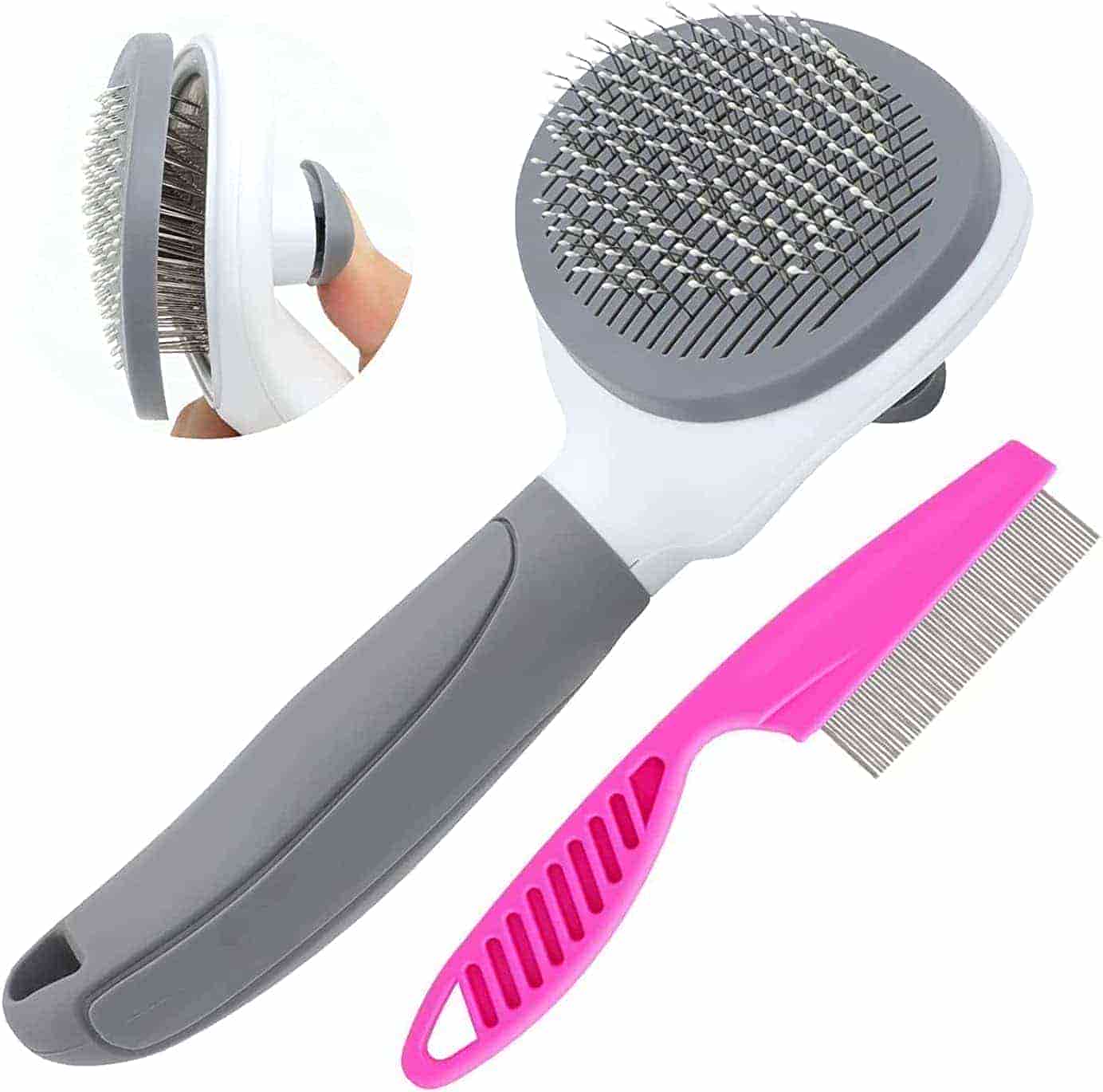 CLEAN WORLD Indoor Cat Grooming Brush Kit, One-Click Self-Clean Deshedding Brush with Fine-Tooth Comb